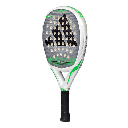 The adidas Adipower Light 3.3 Padel Racket is a lightweight white and green racket with a black adidas logo, black handle grip, and multiple perforated holes for enhanced control.
