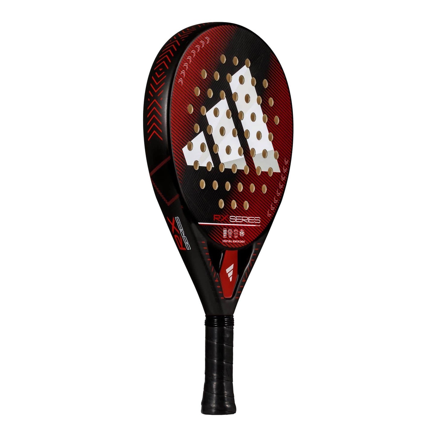 The adidas RX Series Red 3.4 Padel Racket features a bold black and red design with a large white adidas logo, round holes on the head, and a textured handle—ideal for intermediate players who want both performance and style.