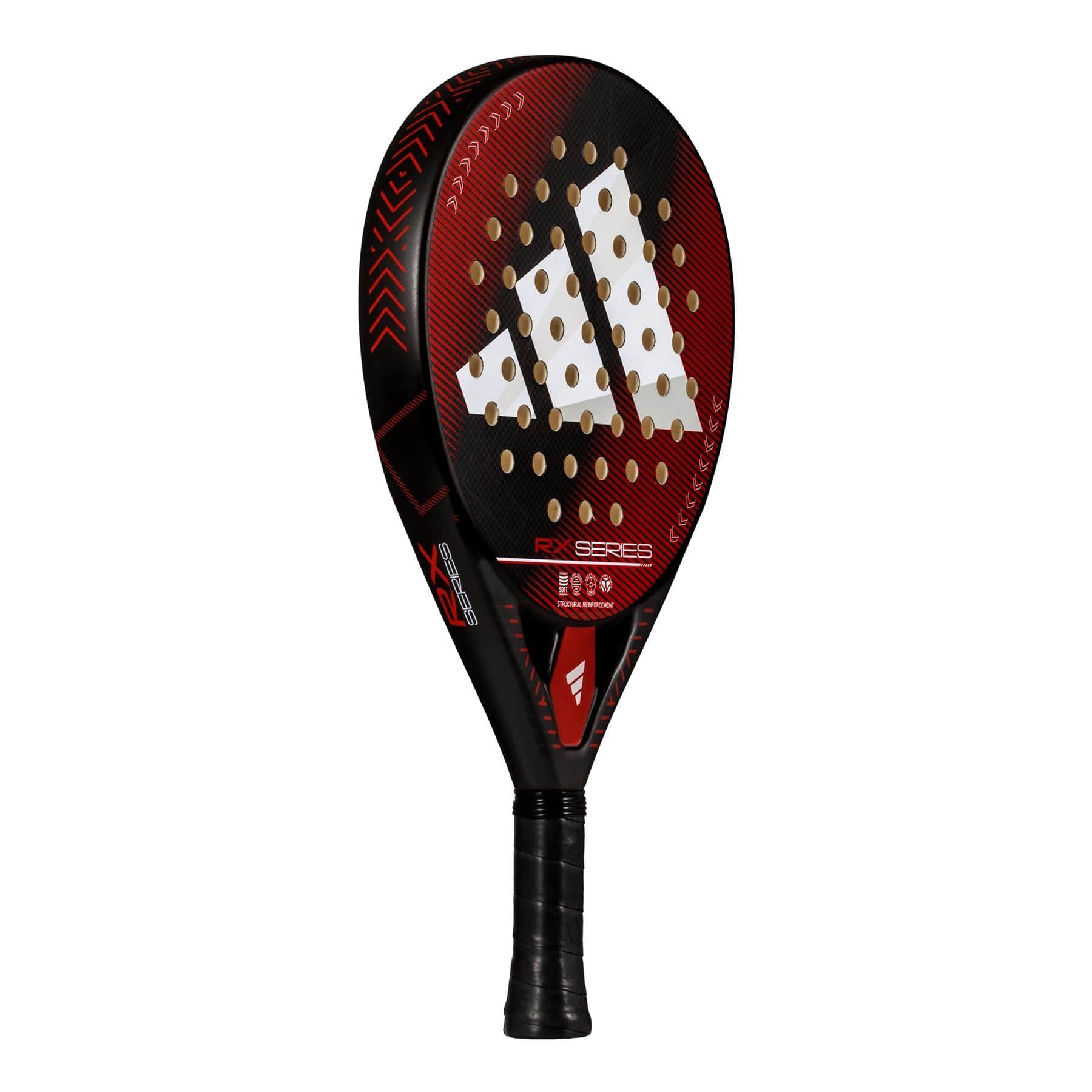 The adidas RX Series Red 3.4 Padel Racket features a bold black and red design with a large white adidas logo, round holes on the head, and a textured handle—ideal for intermediate players who want both performance and style.