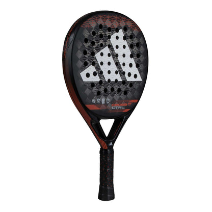 The adidas Cross It CTRL Padel Racket features a black and red design, large white adidas logo, round perforated face, and "Cross IT CTRL" text—perfect for players who seek control and precision on the court.