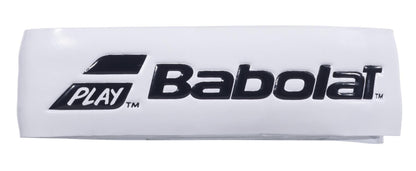 A close-up of a white wristband highlights the Babolat logo in black, accompanied by the word "PLAY" and a stylized emblem. Designed for maximum comfort, this wristband complements your gear just as the Babolat XCEL Gel X1 Replacement Padel Grip - White enhances your racket.