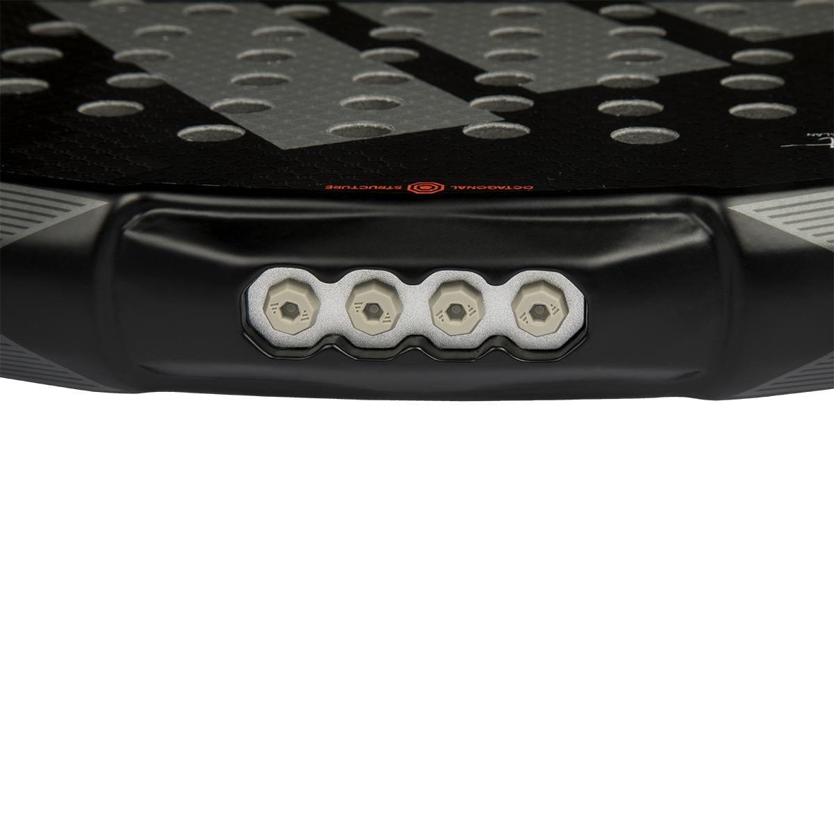 Close-up of the bottom edge of the adidas ADIDAS Metalbone 3.4 Padel Racket, revealing four screw heads in a row and part of its black, textured surface with circular holes.