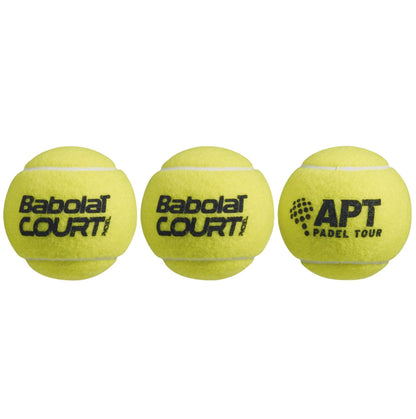 Three yellow padel balls are displayed in a row. The first two are printed with "Babolat Court," while the third features "APT Padel Tour." This set, known as the Babolat Court X3 Padel Balls from the brand Babolat, is perfect for any padel enthusiast seeking quality gear recognized by fans worldwide.