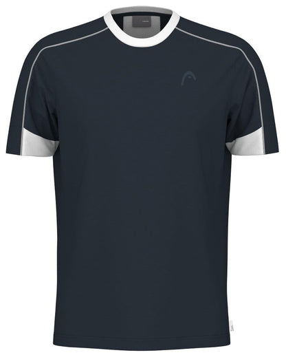 The HEAD Play Tech Men's Padel T-Shirt in Navy delivers sporty flair with its dark short sleeves, white collar accents, and subtle stitching. It features a round neckline and Moisture Transfer Microfiber technology for ultimate comfort during play.