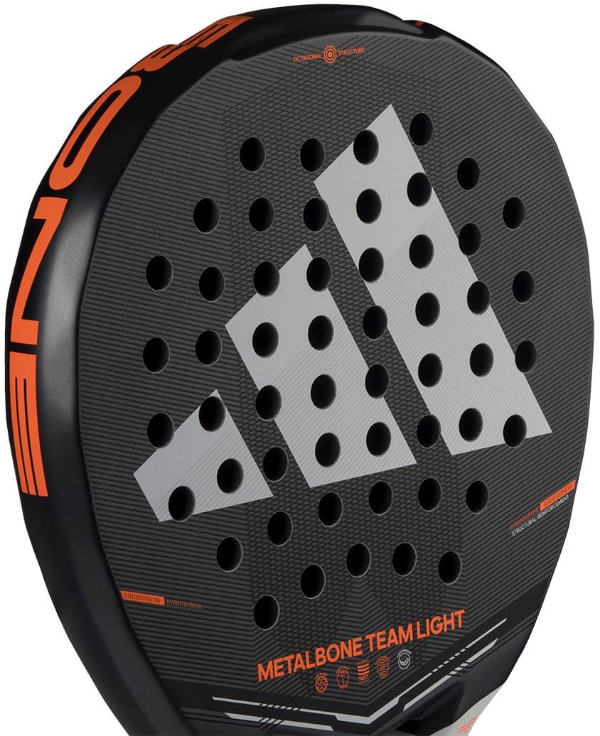 The adidas Metalbone Team Light 2026 Padel Racket is ideal for advanced players, featuring a bold white adidas logo on black, round perforations, and eye-catching orange branding accents on the edge and surface.