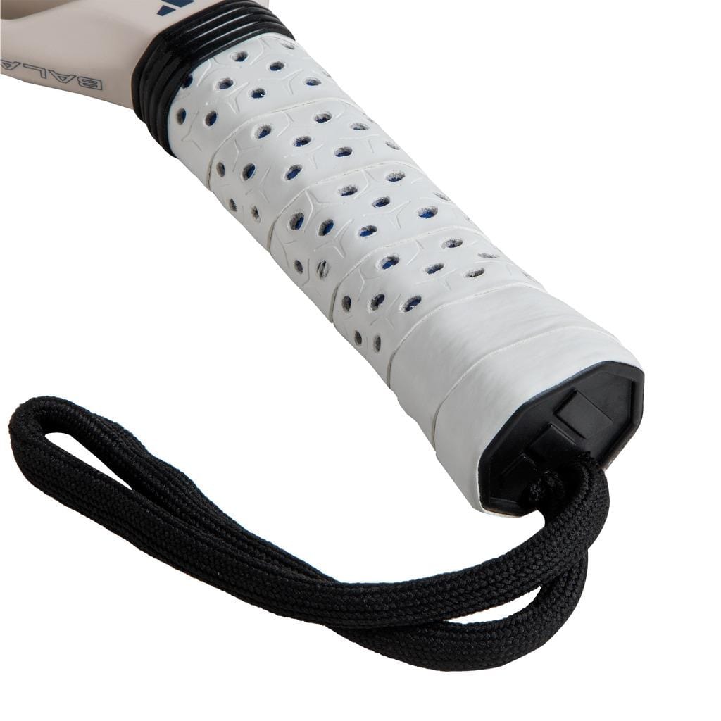 Close-up of the white perforated handle of the adidas Cross It Team Light 3.4 Padel Racket, a lightweight racket, featuring a black wrist strap attached at the end.