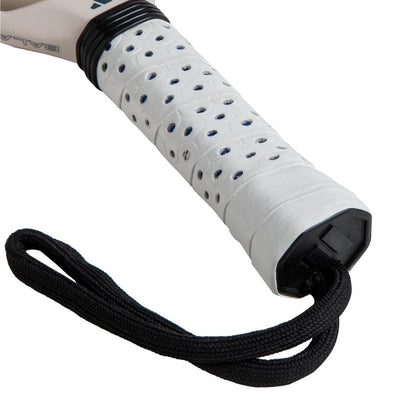 Close-up of the white perforated handle of the adidas Cross It Team Light 3.4 Padel Racket, a lightweight racket, featuring a black wrist strap attached at the end.