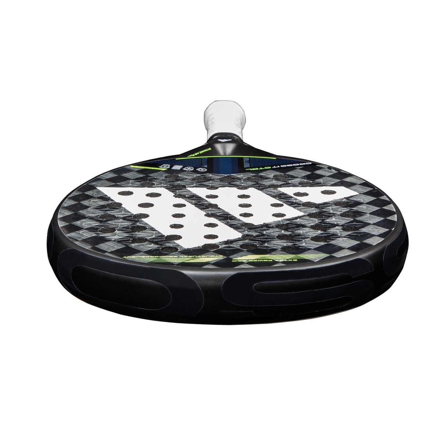 A close-up view of the adidas ADIDAS Cross It CTRL 3.4 Padel Racket, featuring a Carbon 15K face with a checkered pattern and circular holes, seen from the bottom edge looking upward.