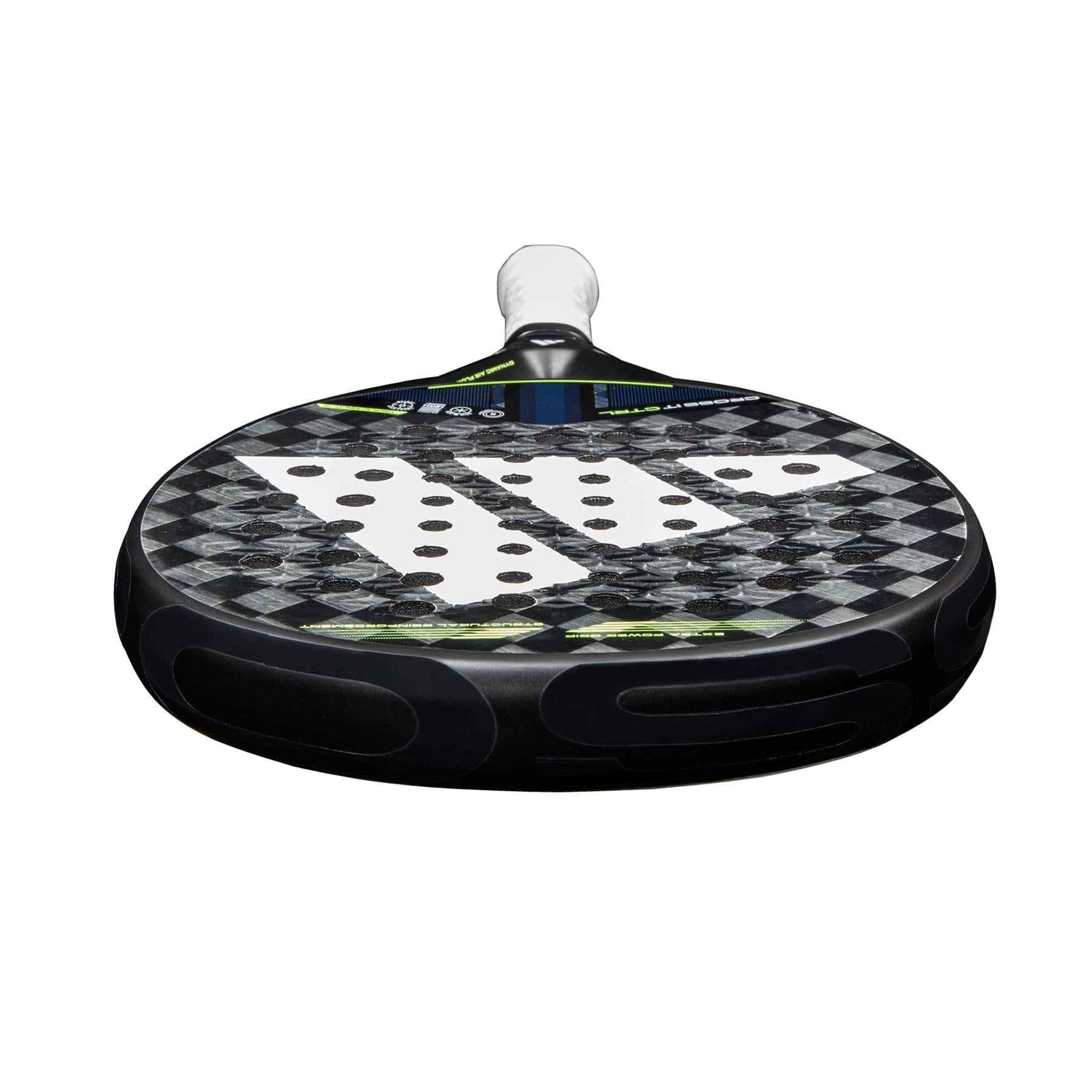 A close-up view of the adidas ADIDAS Cross It CTRL 3.4 Padel Racket, featuring a Carbon 15K face with a checkered pattern and circular holes, seen from the bottom edge looking upward.
