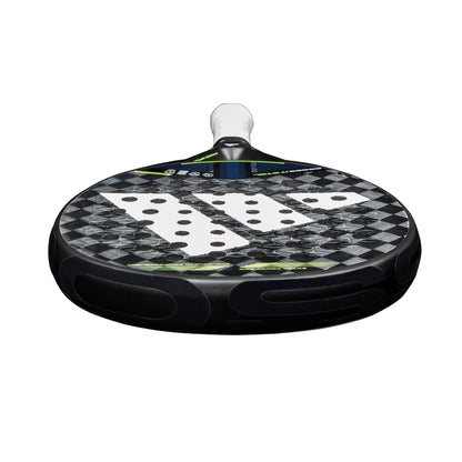 A close-up view of the adidas ADIDAS Cross It CTRL 3.4 Padel Racket, featuring a Carbon 15K face with a checkered pattern and circular holes, seen from the bottom edge looking upward.