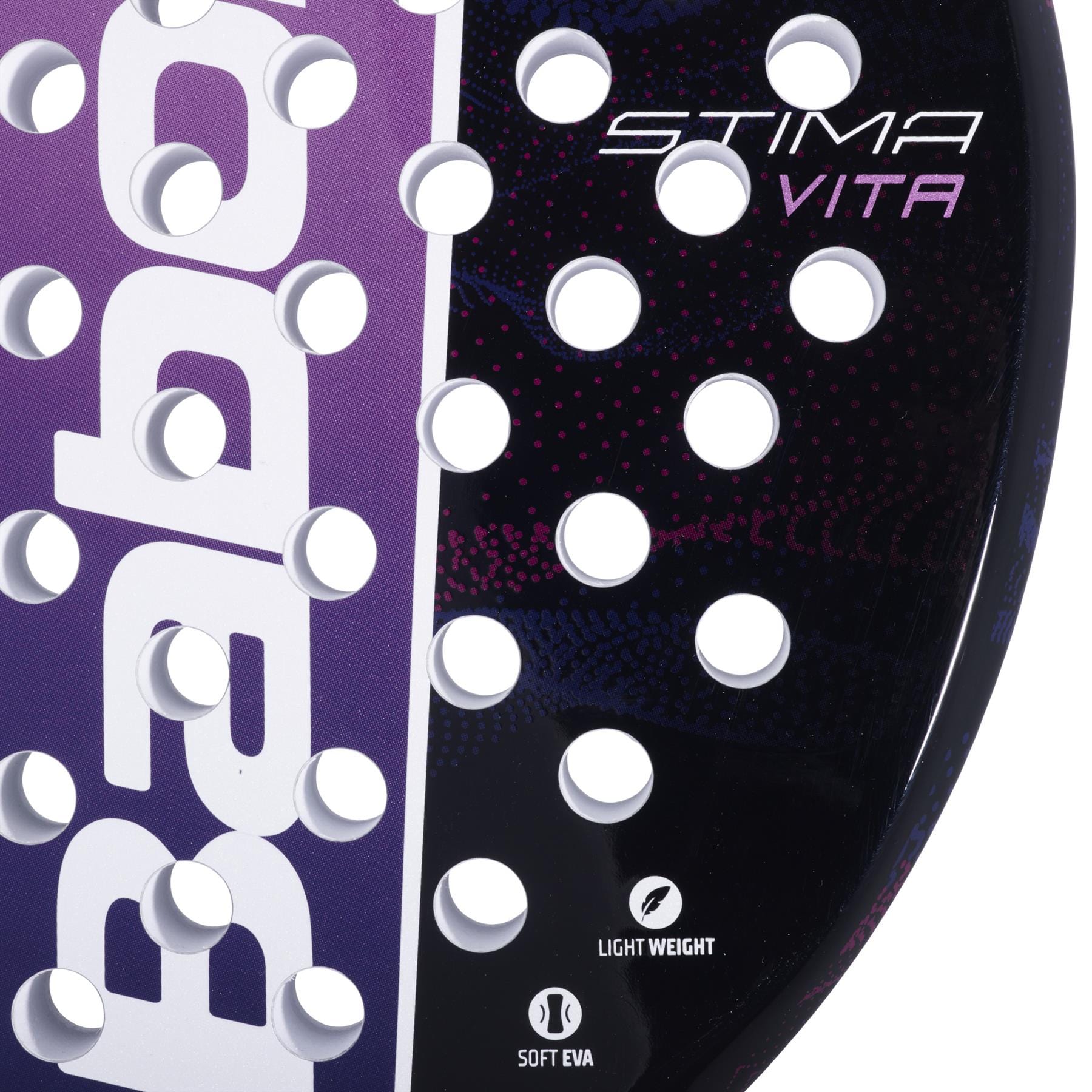 Close-up of the Babolat Stima Vita Padel Racket by Babolat, a lightweight racket for beginners with a black and purple design, white round holes, modern accents, and "STIMA VITA," "LIGHT WEIGHT," and "SOFT EVA" text on the frame.