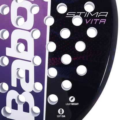 Close-up of the Babolat Stima Vita Padel Racket by Babolat, a lightweight racket for beginners with a black and purple design, white round holes, modern accents, and "STIMA VITA," "LIGHT WEIGHT," and "SOFT EVA" text on the frame.