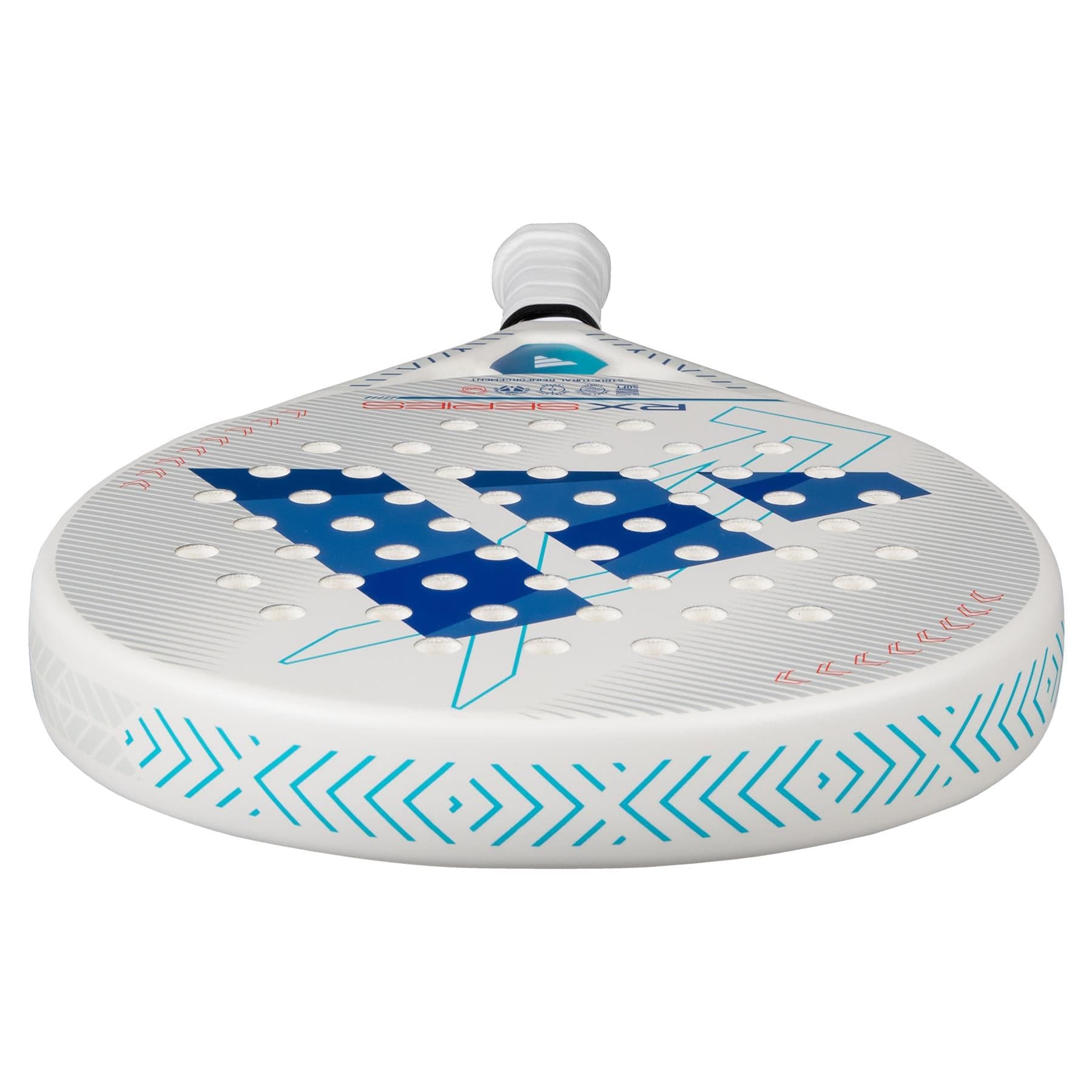 A close-up of the adidas ADIDAS RX Series Light 3.4 Padel Racket in white, featuring blue geometric designs, circular center holes, turquoise chevron edge details, a white grip handle, and a lightweight build for improved play.