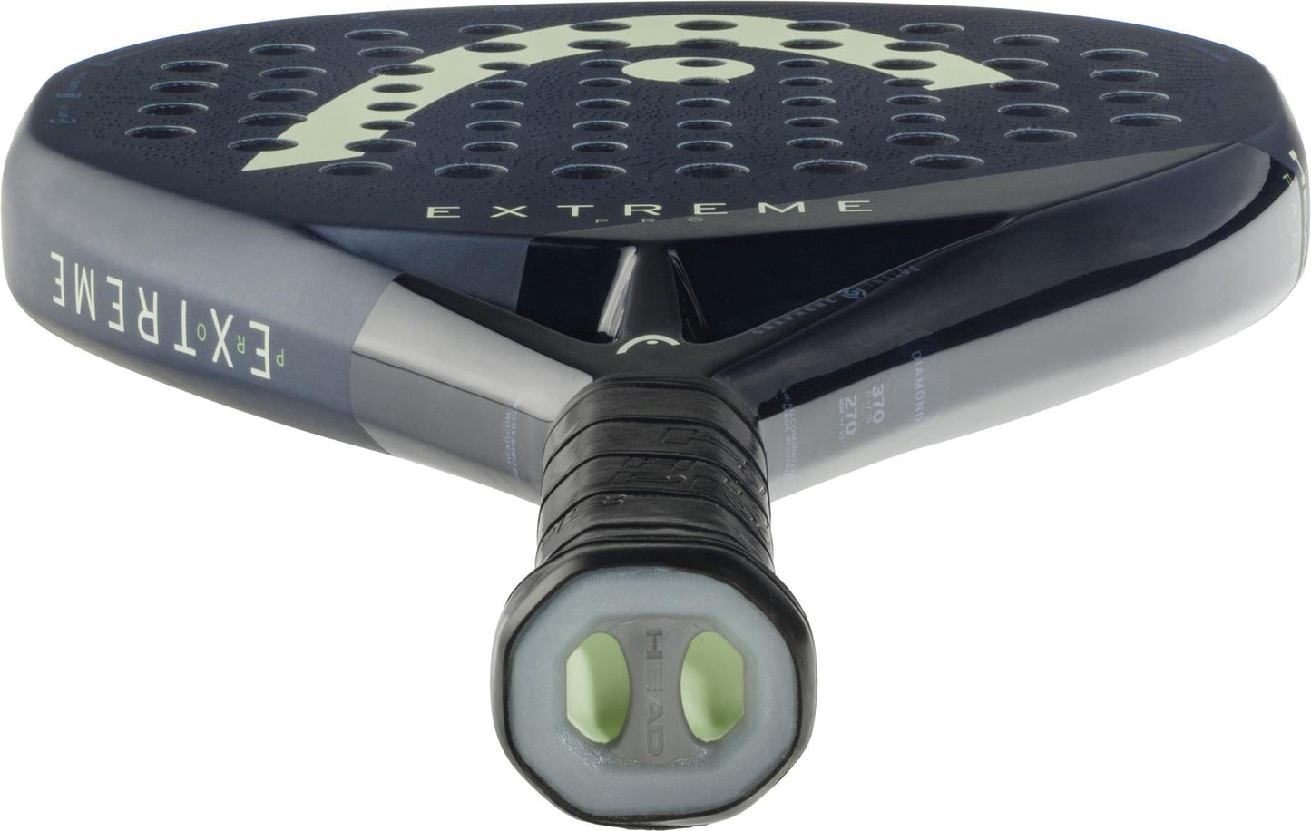 Close-up of the HEAD Extreme Pro 2025 Padel Racket in black, showing perforated face, "EXTREME" near the throat, a black grip on the handle, and visible HEAD logo markings.