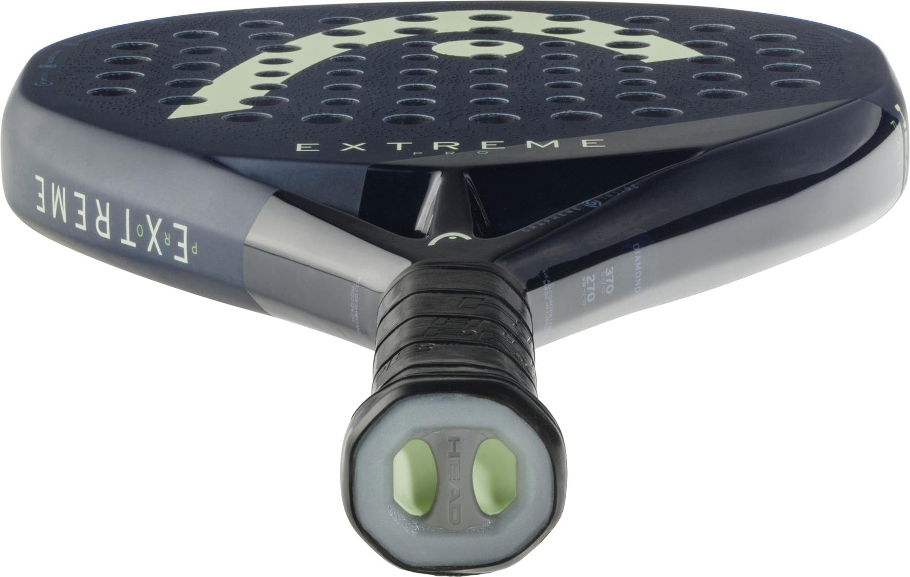 Close-up of the HEAD Extreme Pro 2025 Padel Racket in black, showing perforated face, "EXTREME" near the throat, a black grip on the handle, and visible HEAD logo markings.