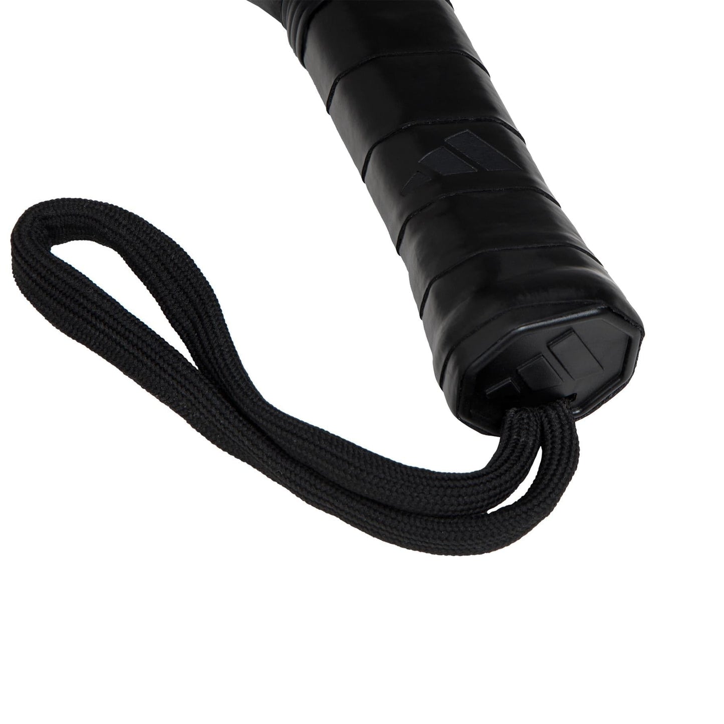 Close-up of the adidas Match Blue 3.4 Padel Racket handle featuring a textured grip, Smart Holes Lineal design, and a black wrist strap, displayed against a white background.