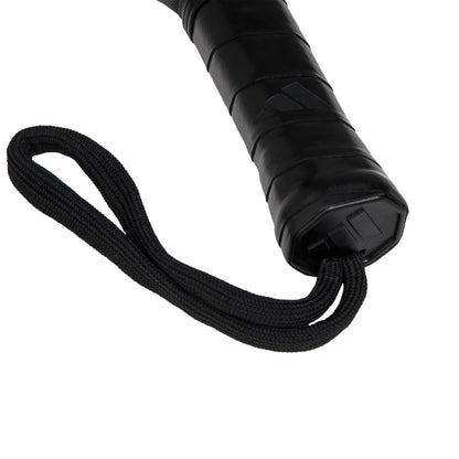 Close-up of the adidas Match Blue 3.4 Padel Racket handle featuring a textured grip, Smart Holes Lineal design, and a black wrist strap, displayed against a white background.