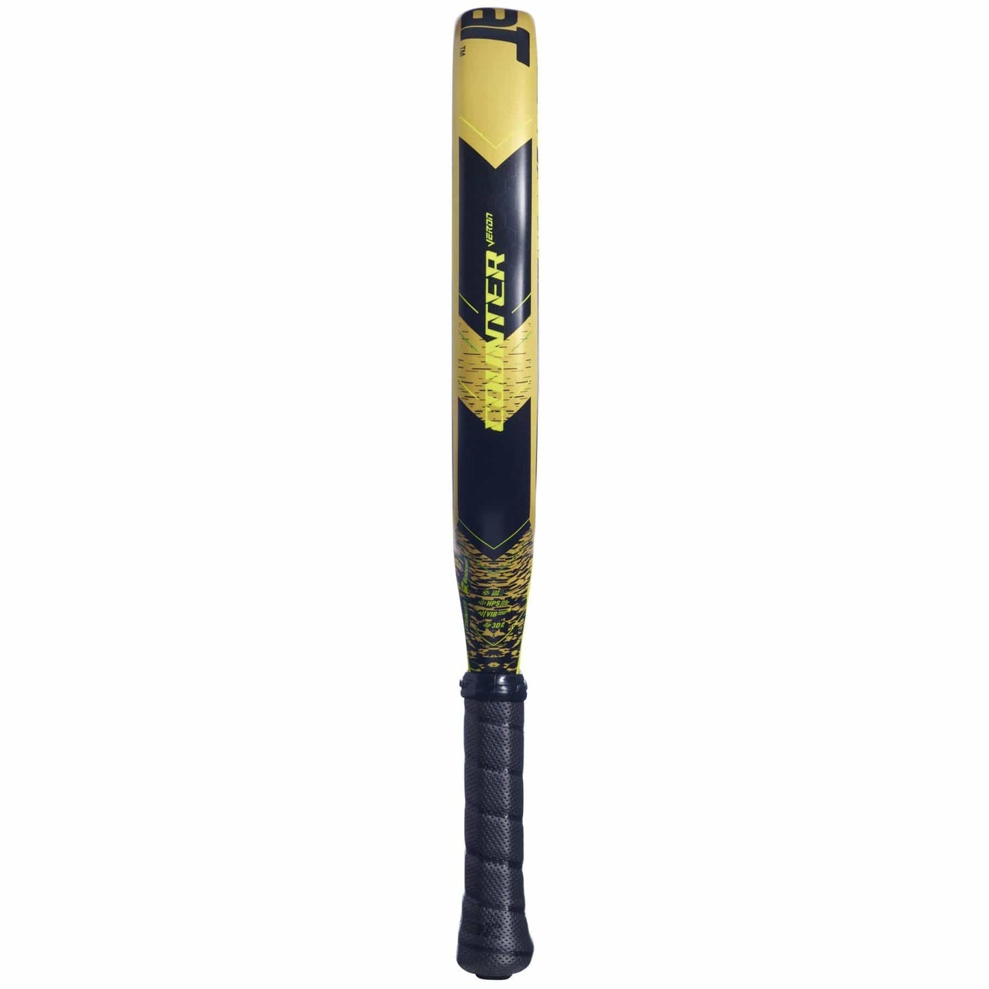 A yellow and black bat with a textured grip and geometric patterns, featuring “JUGGER” on the barrel, inspired by the Carbon Flex technology of the Babolat Counter Veron Padel Racket from Babolat.