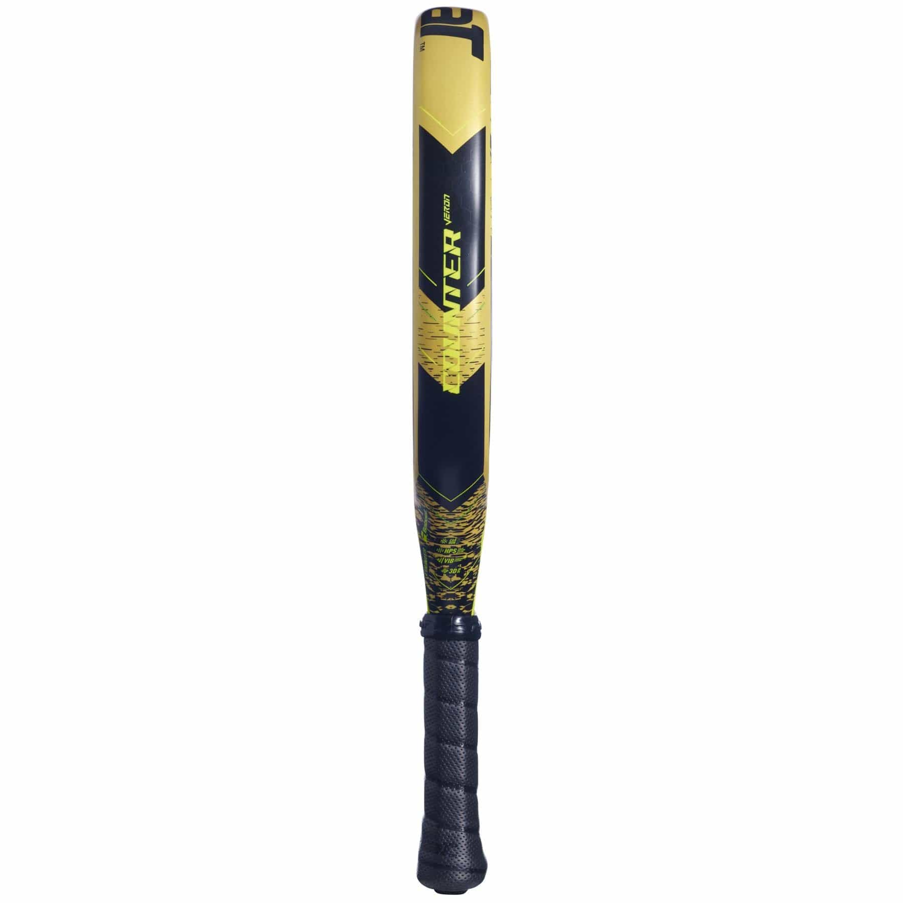 A yellow and black bat with a textured grip and geometric patterns, featuring “JUGGER” on the barrel, inspired by the Carbon Flex technology of the Babolat Counter Veron Padel Racket from Babolat.