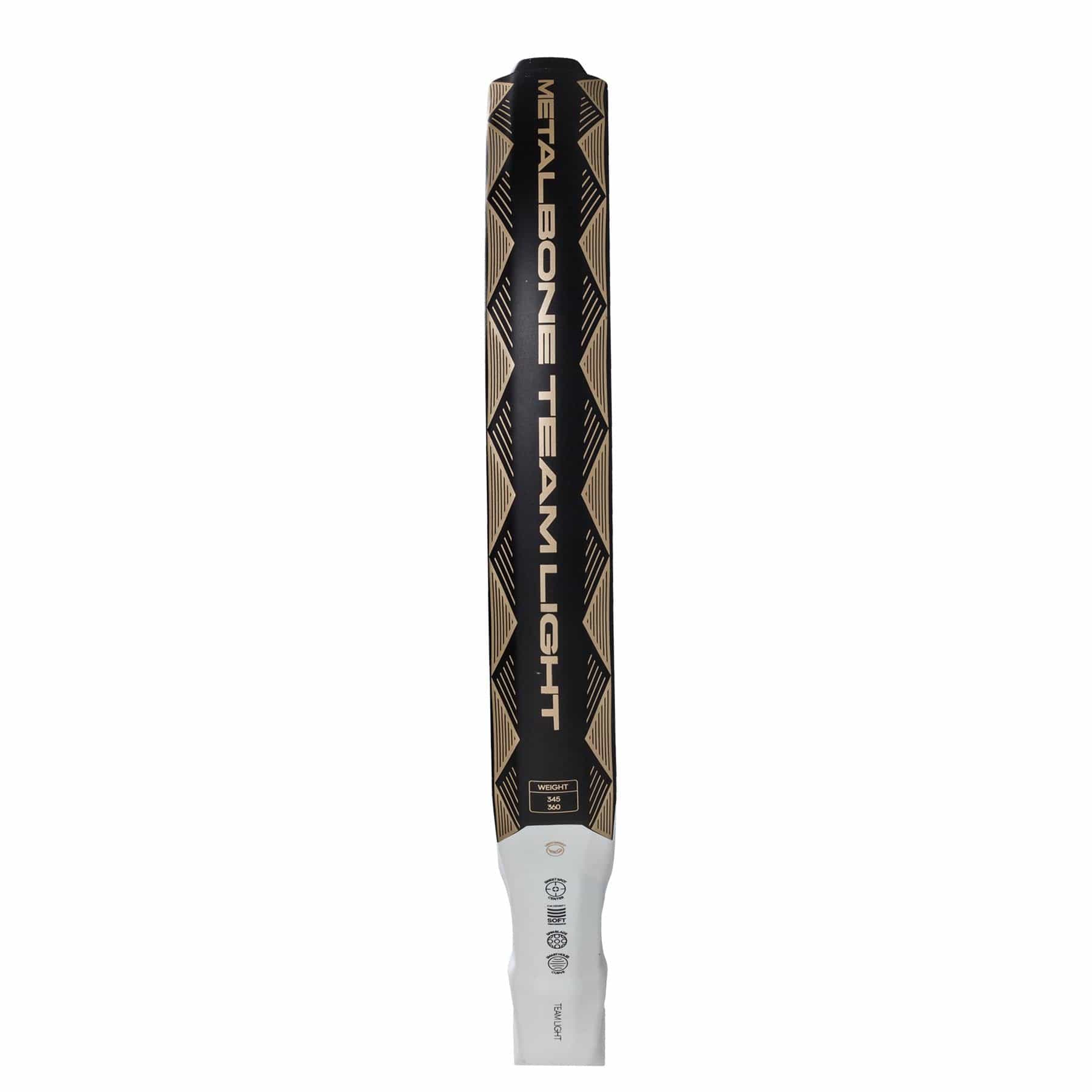The adidas Metalbone Team Light 3.4 Padel Racket, designed for advanced players, features black and gold colors, a white grip tape handle, and "METALBONE TEAM LIGHT" printed vertically in the center against a white background.