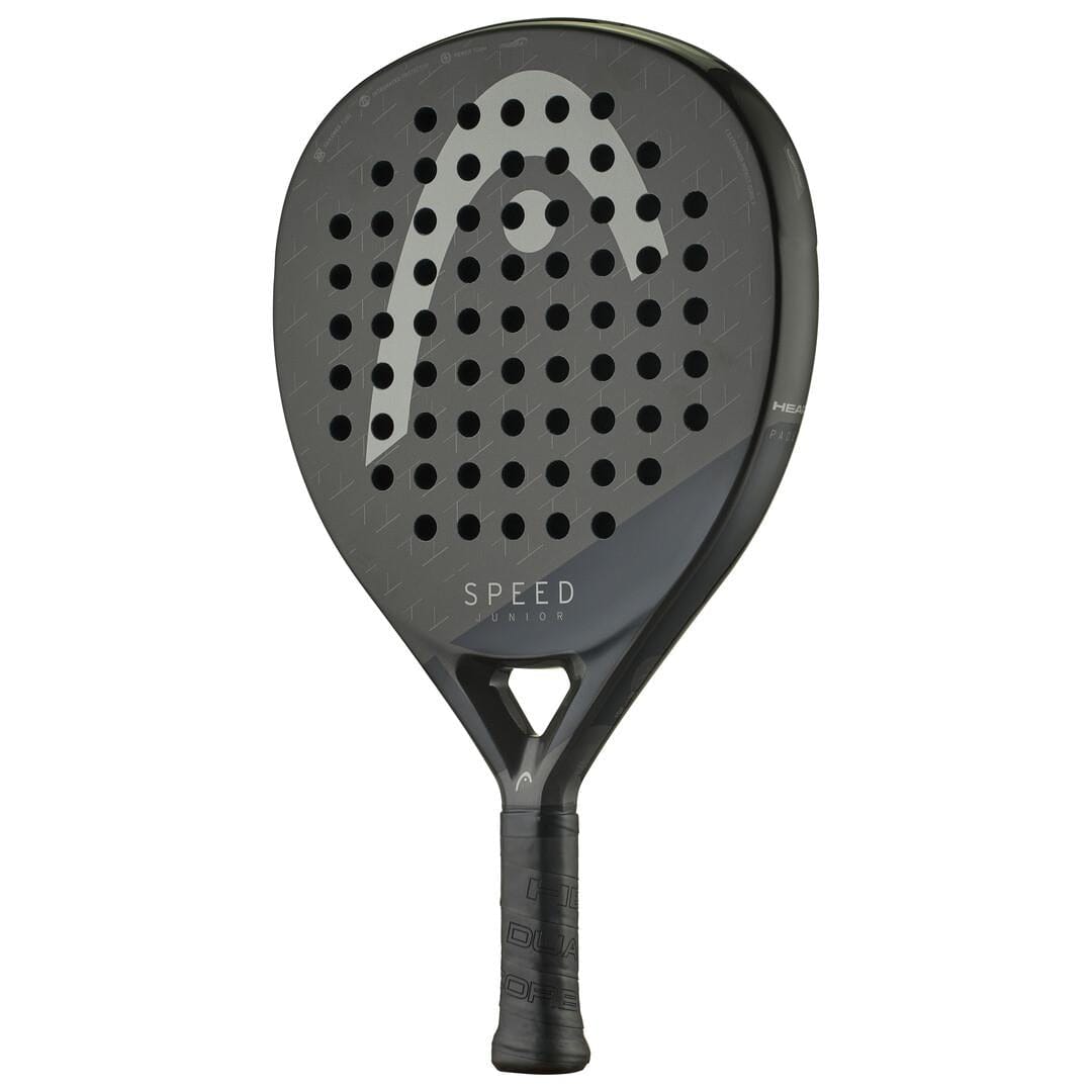 The HEAD Speed Junior 2025 Padel Racket features a black perforated face, large white logo, "SPEED" printed below, and textured grip. Designed for young players and enhanced with Power Foam for better performance.