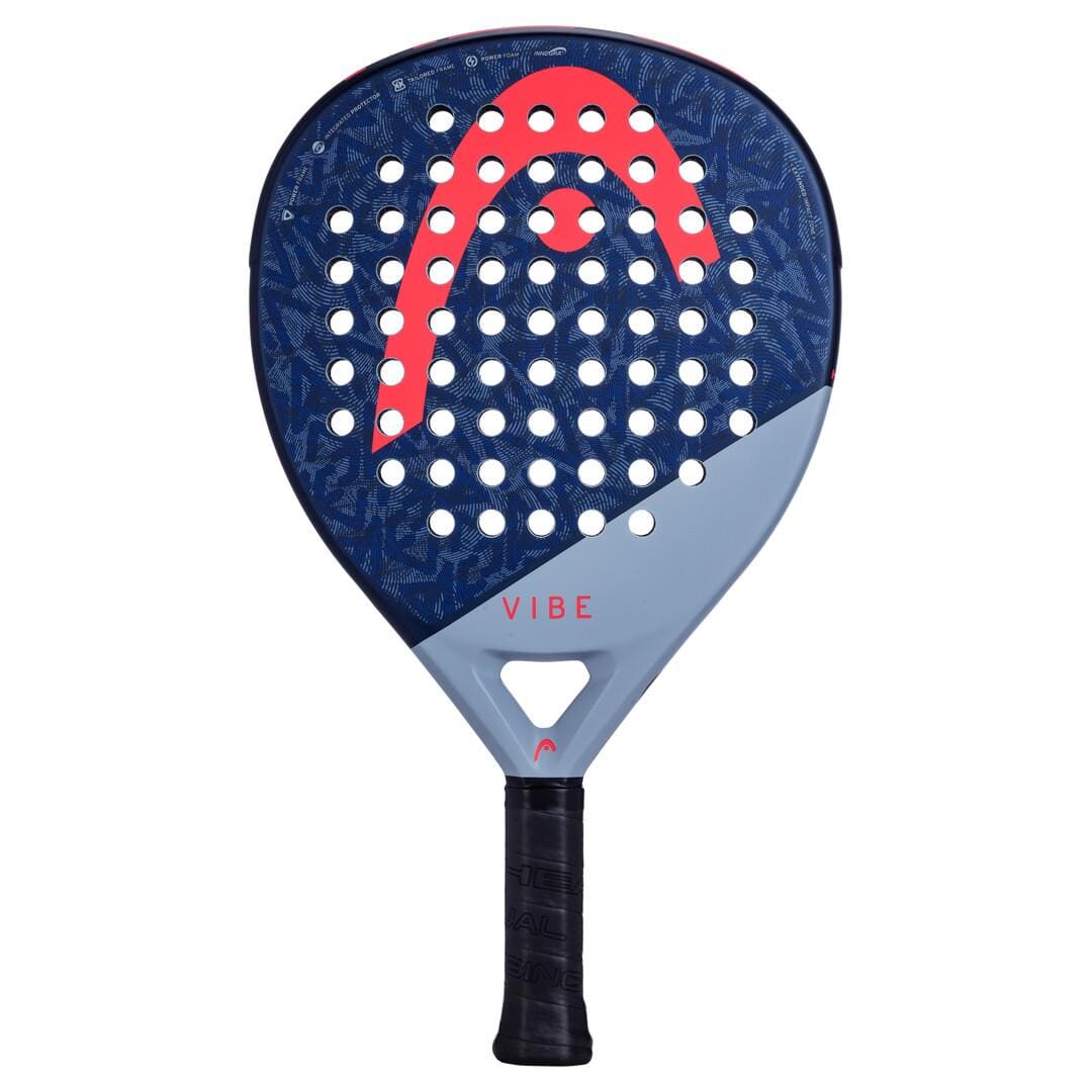 The HEAD Vibe 2025 Blue / Red Padel Racket features an oversized teardrop shape, black handle, blue and gray face with a large red logo, power foam, multiple round holes, and "VIBE" printed in pink near the handle.