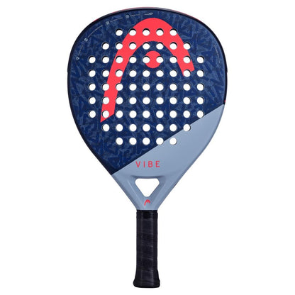 The HEAD Vibe 2025 Blue / Red Padel Racket features an oversized teardrop shape, black handle, blue and gray face with a large red logo, power foam, multiple round holes, and "VIBE" printed in pink near the handle.
