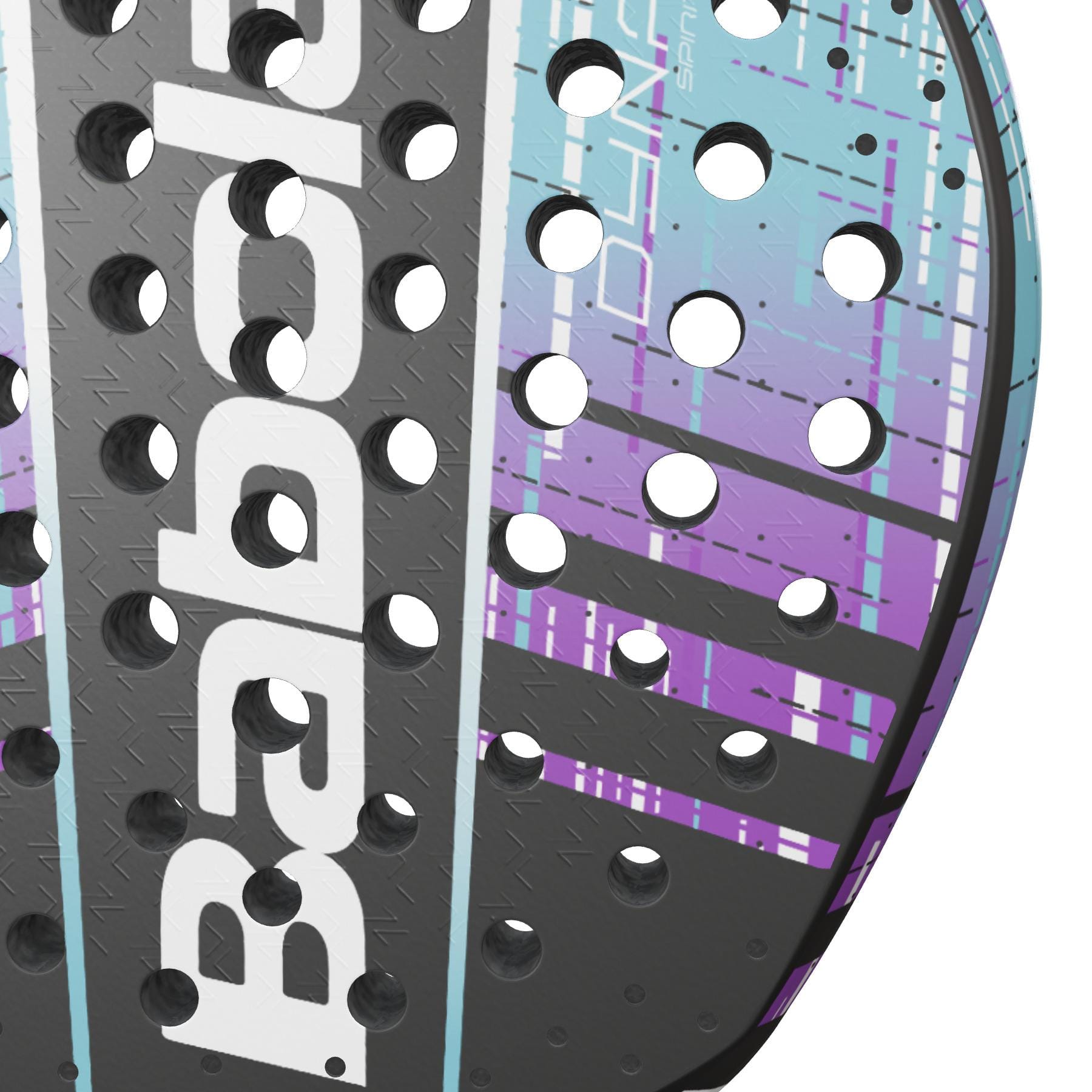 Close-up of the Babolat Dyna Spirit Padel Racket by Babolat, highlighting its teardrop head shape, modern geometric pattern in black, white, purple, and teal, round perforations, and a partially visible Babolat logo.