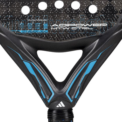 Close-up of the adidas ADIDAS Adipower Multiweight CTRL 3.4 padel racket in black and blue, highlighting its structural details, adjustable weight system, part of the handle, and the adidas logo near the handle base.