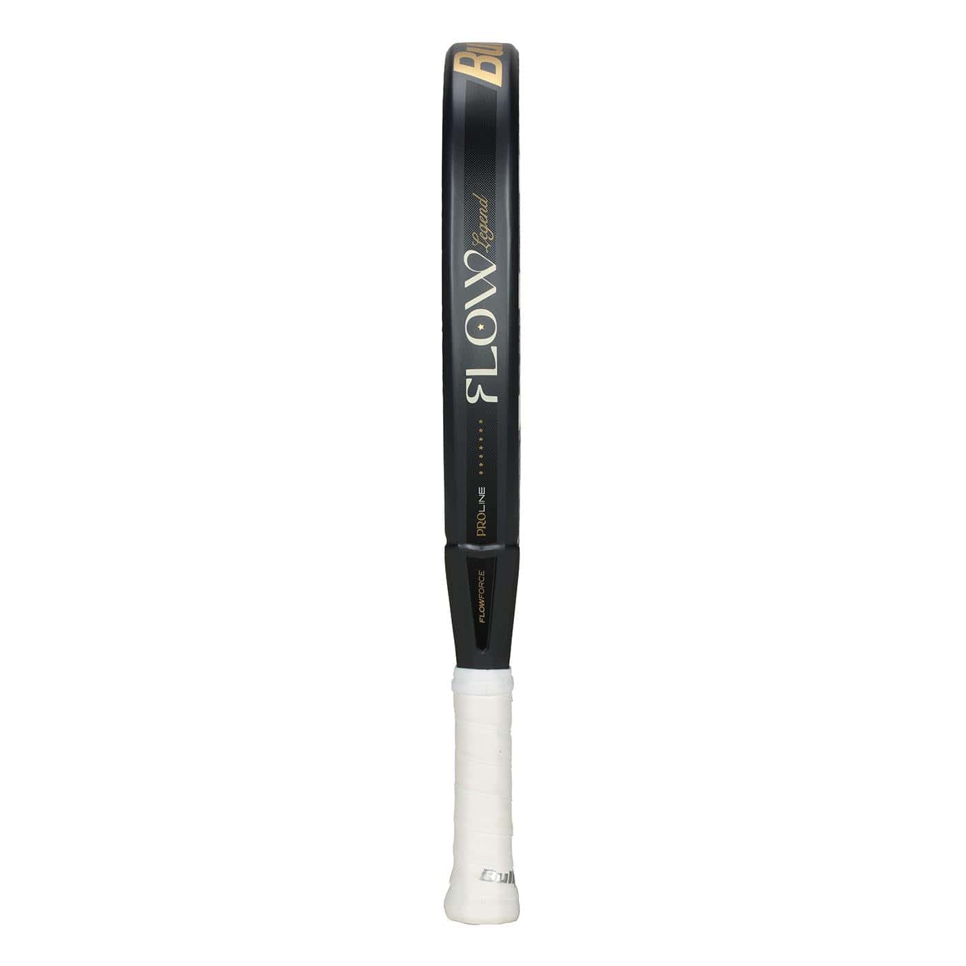 The Bullpadel Flow Legend 2026 Padel Racket, a top women’s racket from Bullpadel, features FLOW lettering on its black frame, a white grip, and showcases advanced Flowforce technology.