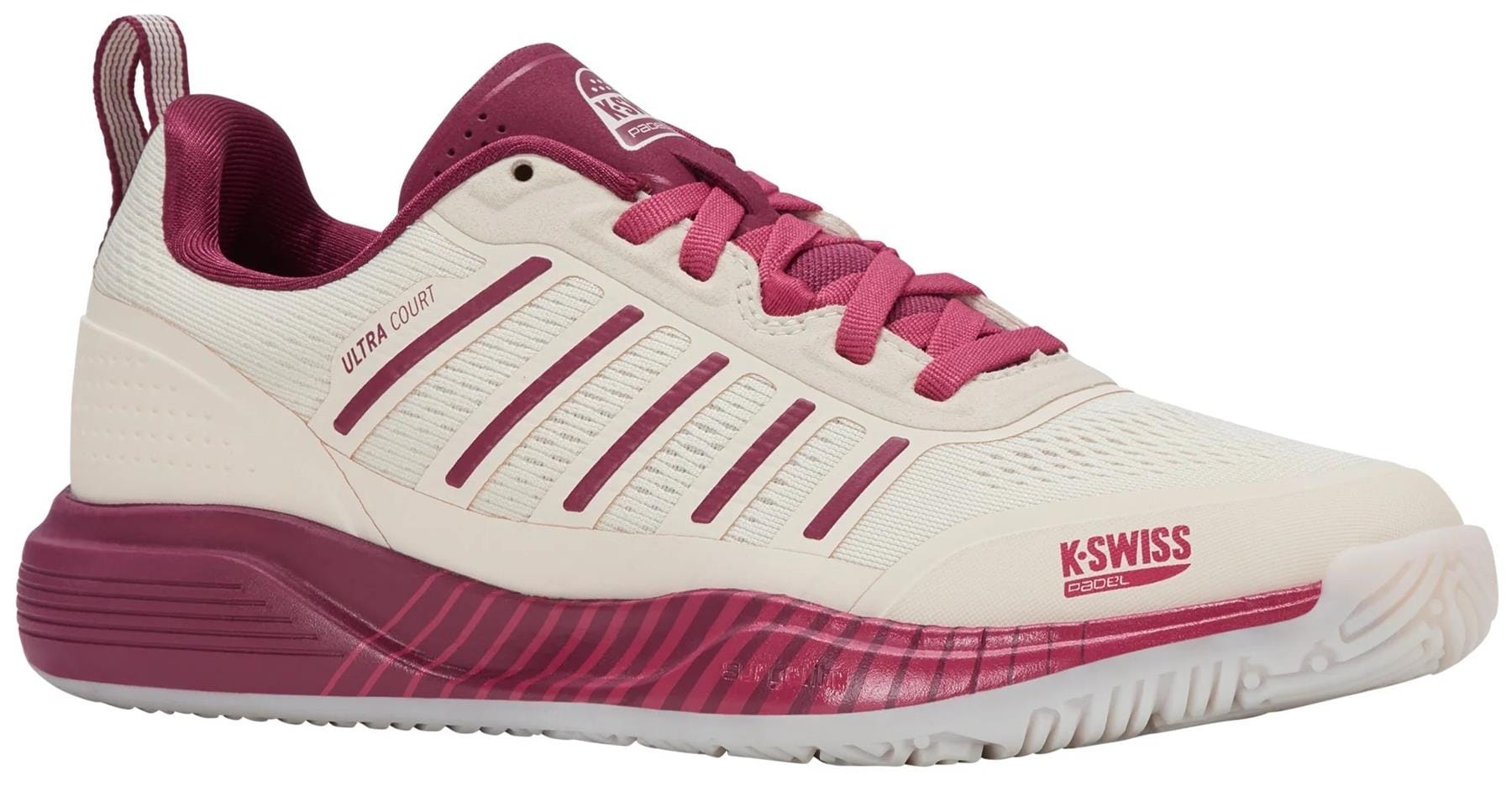 The K-Swiss Ultra Court Women's Padel Shoes in Jet Stream/Beaujois/Jazzy feature a mesh upper, pink laces, striped side details, and a thick sole with burgundy accents. The brand logo appears on the side and tongue.