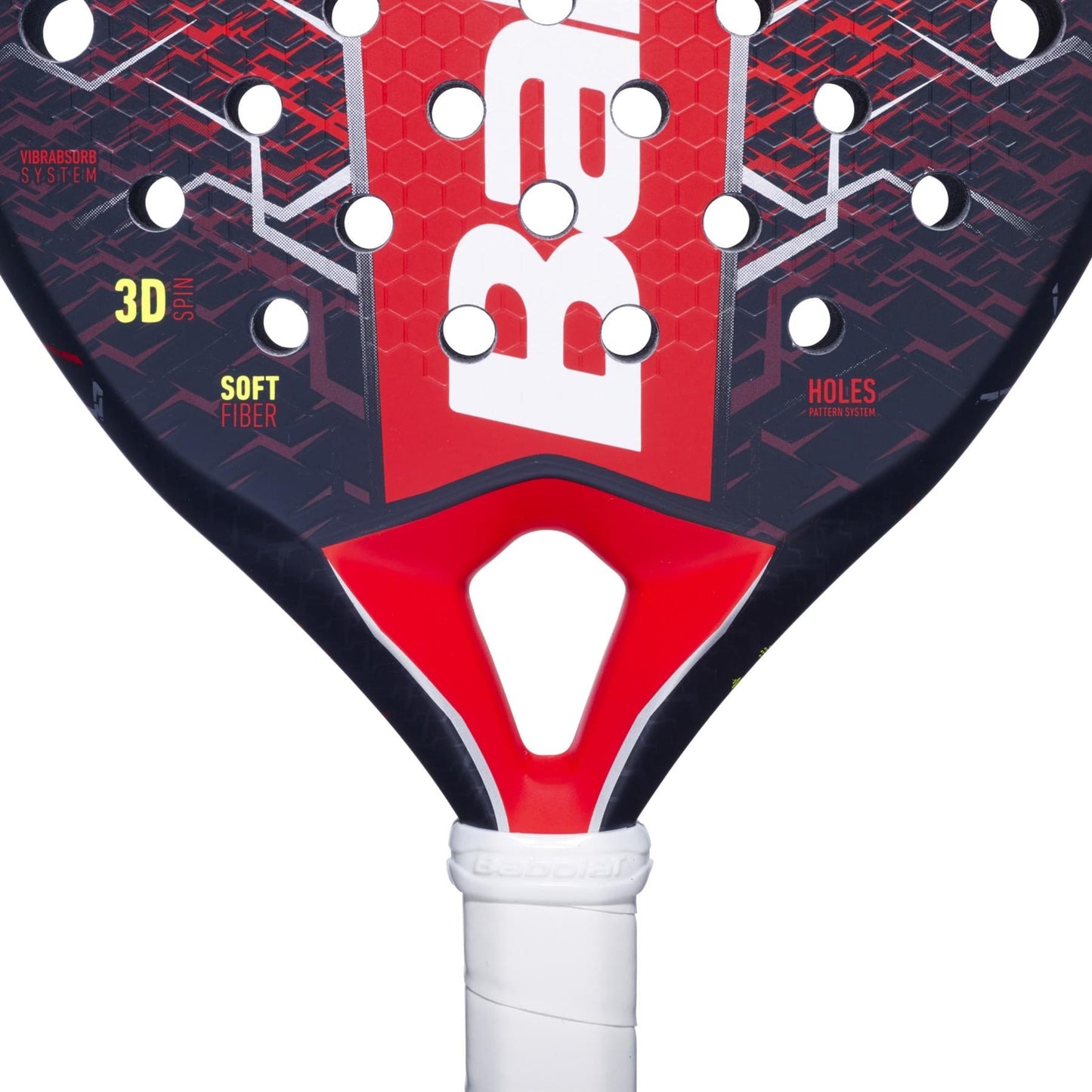 Close-up of the Babolat Technical Vertuo 2.5 Padel Racket, featuring a bold geometric pattern, round holes, and partial branding. Made for technical strikers, its handle sports a white grip tape.