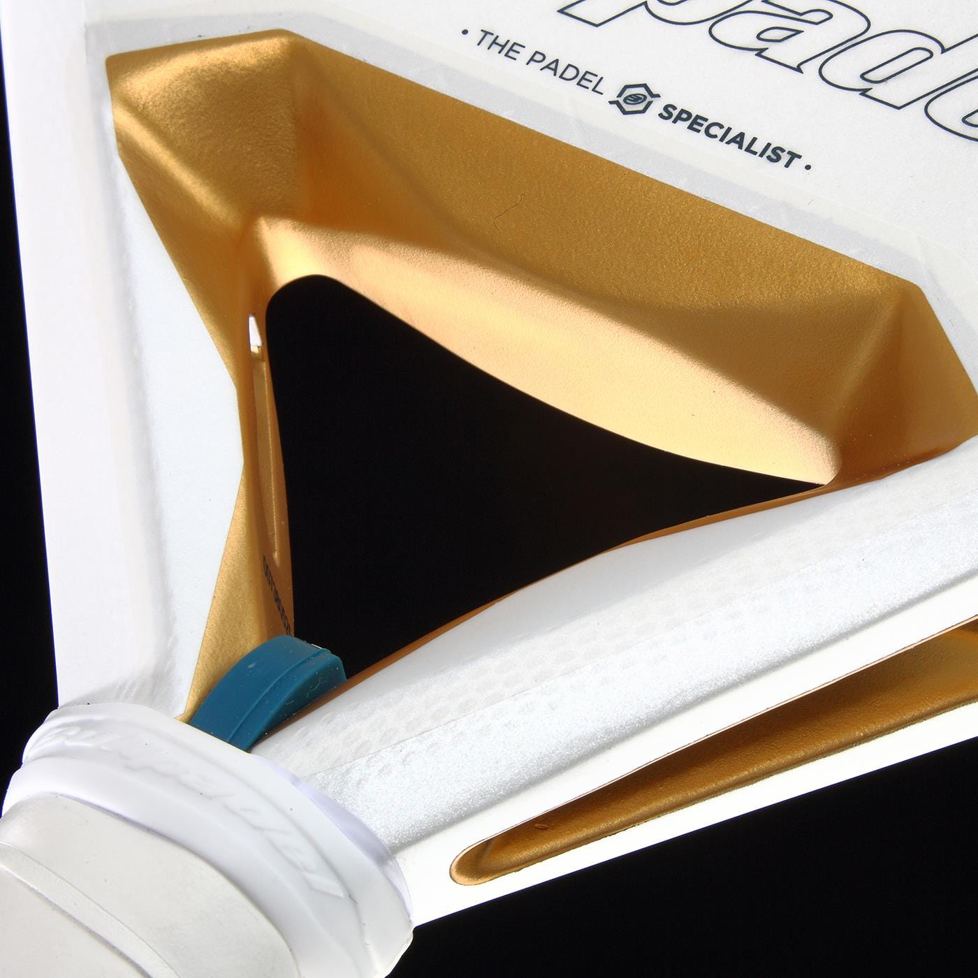 Close-up of the Bullpadel Pearl 2026 Padel Racket, a lightweight racket by Bullpadel featuring a gold triangular design near the handle, textured grip, and "THE PADEL SPECIALIST" text, designed to minimize arm fatigue during play.