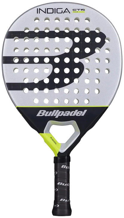 The Bullpadel Indiga Ctr 2026 padel racket features a silver face, black grip, circular holes, and the Bullpadel logo. "Bullpadel Indiga Ctr 2026" is printed on top, with the brand name at the lower part for precision control.