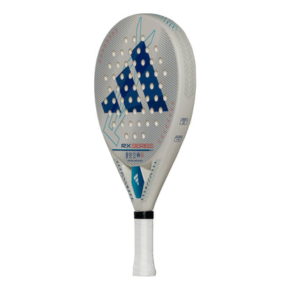 The ADIDAS RX Series Light 3.4 Padel Racket in white by adidas features blue and gray accents, the adidas logo, and a perforated face. Its lightweight design is perfect for swift play, displayed on a plain white background.