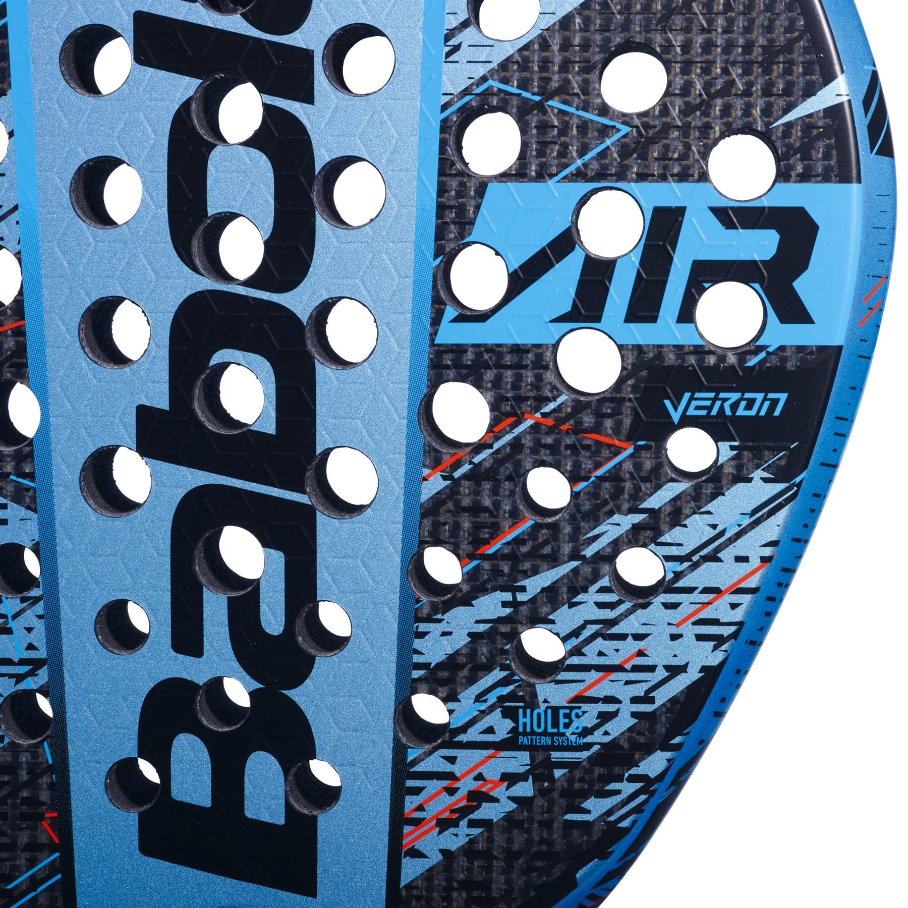 Close-up of the Babolat Air Veron Padel Racket by Babolat, featuring a black and blue teardrop head, perforated holes, and “Babolat,” “AIR,” and “VERON” printed on its textured, dynamic power surface.