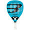 The Bullpadel Vertex 05 W 2026 Padel Racket is blue with a black logo, several round holes on its face, and a white grip; it’s inspired by Delfi Brea.