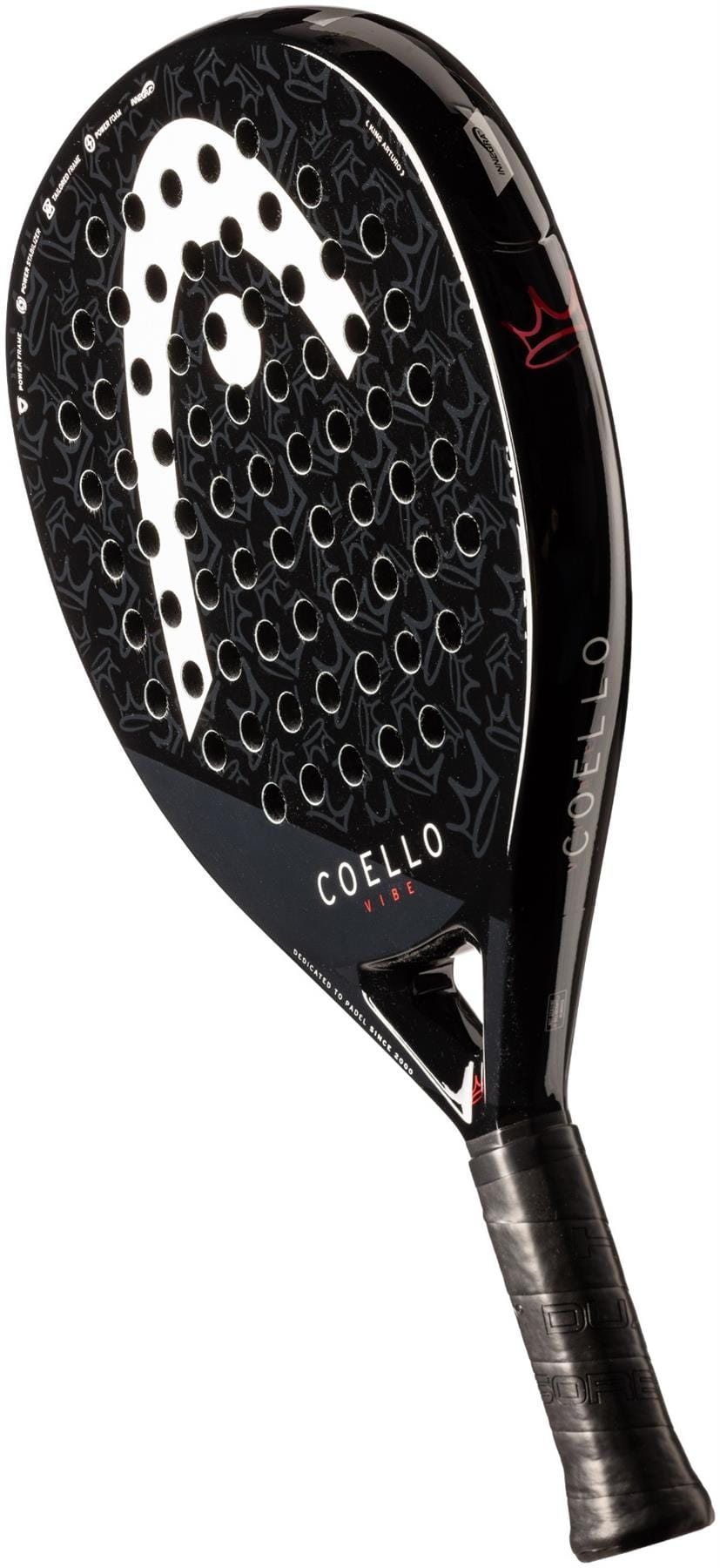 The HEAD Coello Vibe 2025 Padel Racket features a teardrop shape, perforated black surface, sleek white accents, and "Coello" branding—perfect for players who want both style and performance on the court.