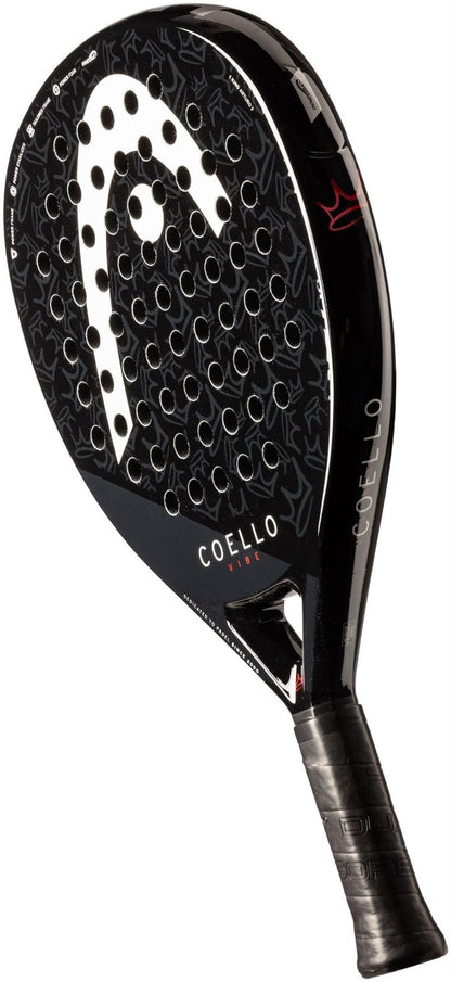 The HEAD Coello Vibe 2025 Padel Racket features a teardrop shape, perforated black surface, sleek white accents, and "Coello" branding—perfect for players who want both style and performance on the court.