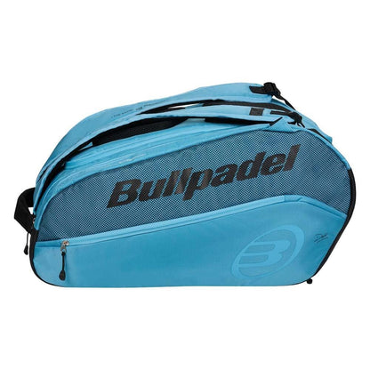 The Bullpadel BPP26003 Vertex W Padel Racket Bag in light blue features black zippers, straps, and branded detailing—ideal for carrying your padel equipment.