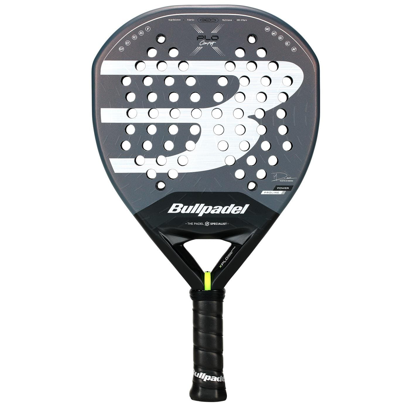 The Bullpadel XPLO Comfort 2026 Padel Racket features a black design with a large white “B” logo, circular holes on the surface, and a wrapped grip handle, offering explosive power and outstanding comfort.