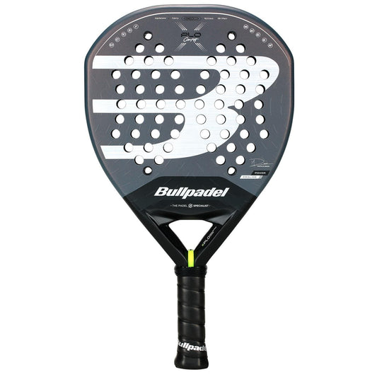 The Bullpadel XPLO Comfort 2026 Padel Racket features a black design with a large white “B” logo, circular holes on the surface, and a wrapped grip handle, offering explosive power and outstanding comfort.