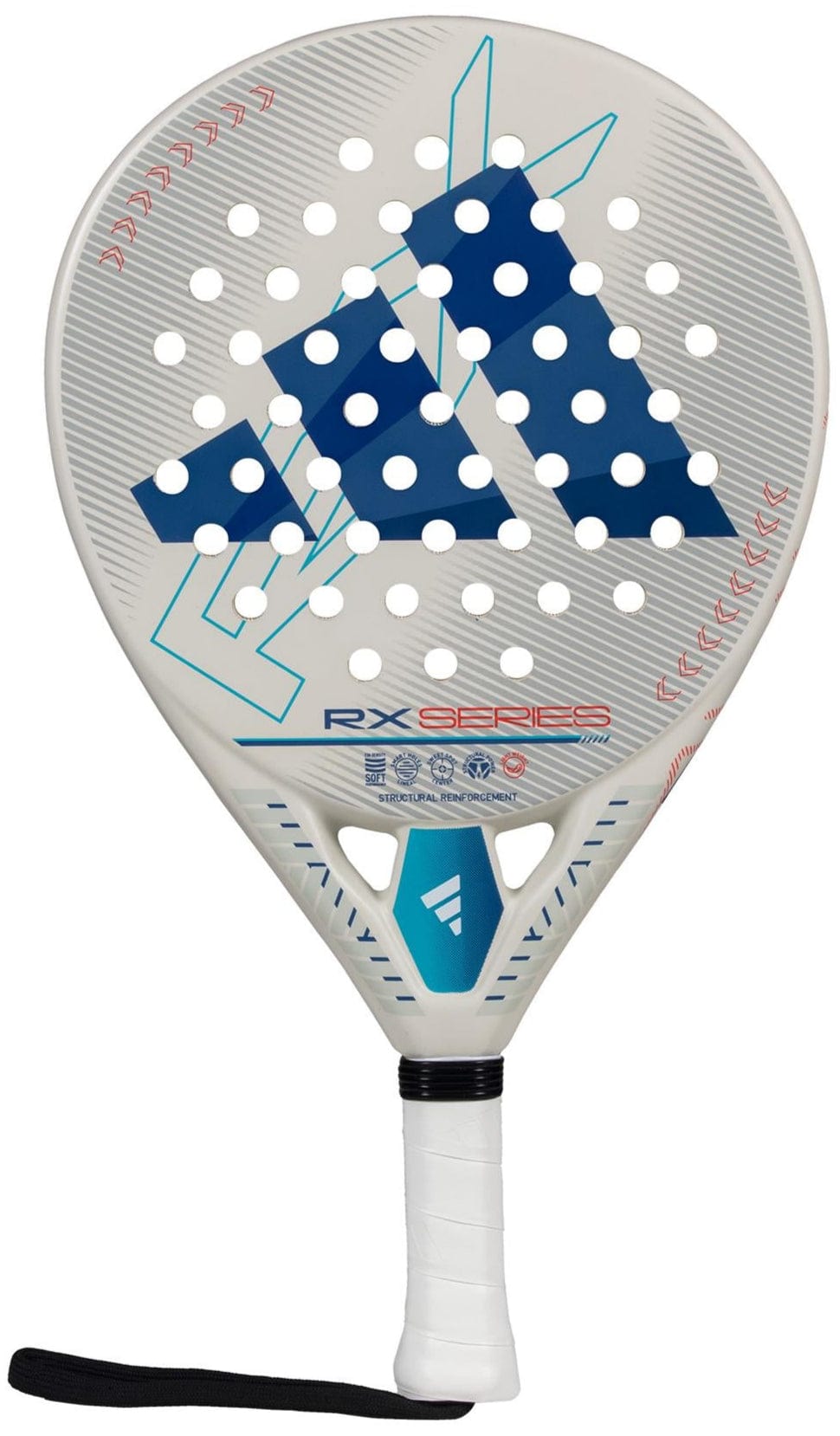 The adidas RX Series Light 3.4 Padel Racket in white features a lightweight build, blue geometric patterns, circular holes, a black wrist strap, and displays "RX SERIES" branding on its face and neck.