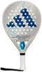 The adidas RX Series Light 3.4 Padel Racket in white features a lightweight build, blue geometric patterns, circular holes, a black wrist strap, and displays "RX SERIES" branding on its face and neck.