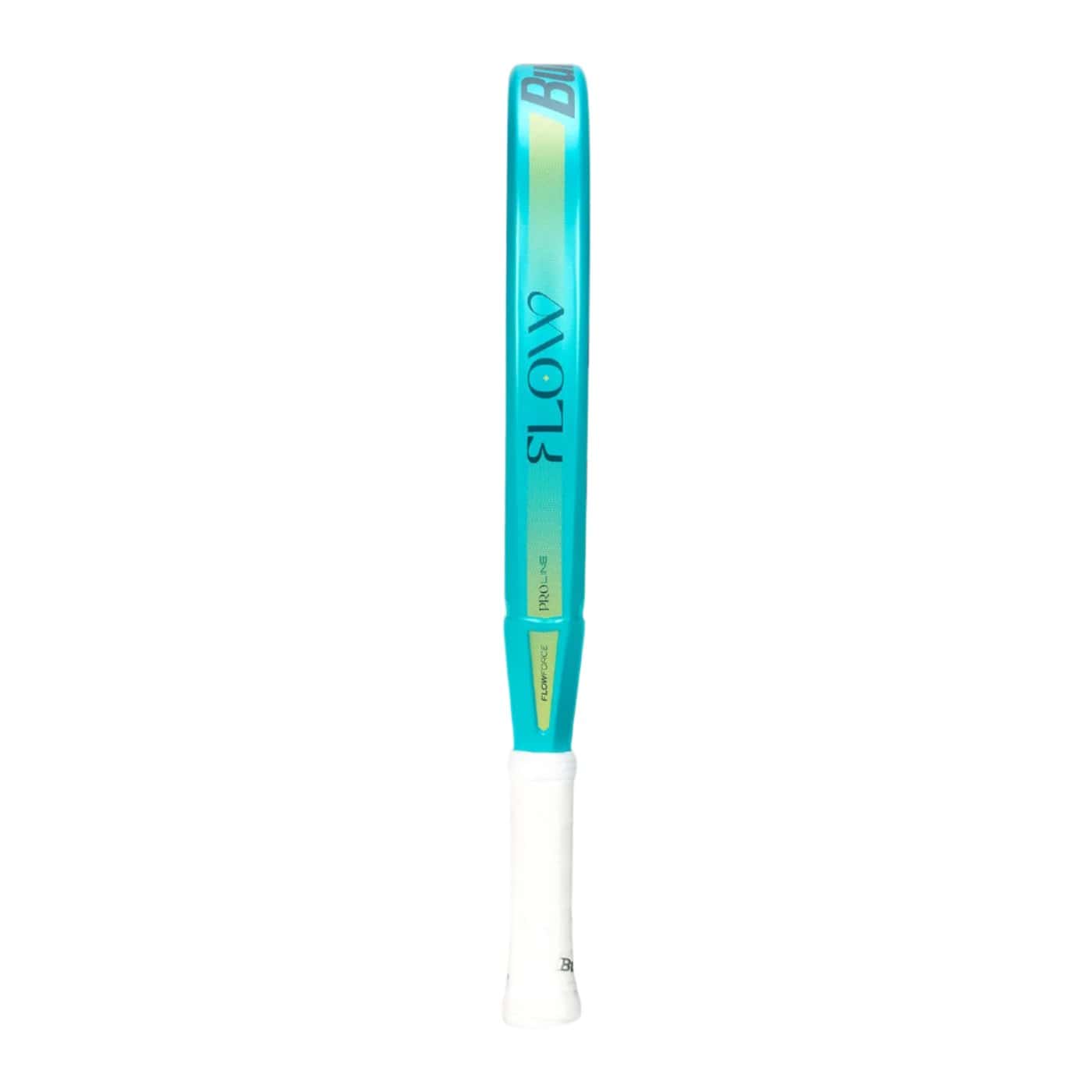Side view of the Bullpadel Flow W 2025 Padel Racket by Bullpadel in turquoise and yellow, featuring FLOWFORCE technology, with "FLOW" printed on the side and a white grip handle.