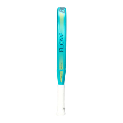 Side view of the Bullpadel Flow W 2025 Padel Racket by Bullpadel in turquoise and yellow, featuring FLOWFORCE technology, with "FLOW" printed on the side and a white grip handle.