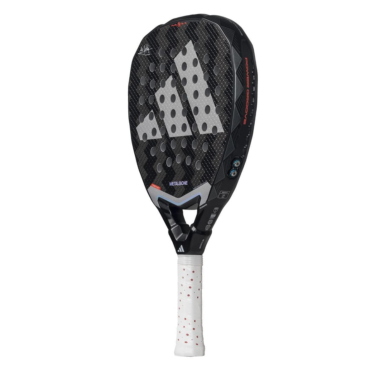 The adidas Metalbone 3.4 Padel Racket features a black design with a large grey logo, round holes on the face, and a white handle with red dots—an advanced racket built for powerful play.