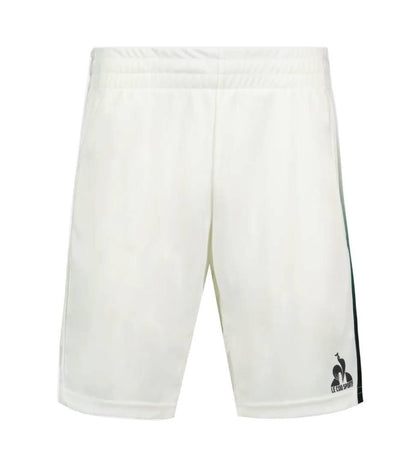Le Coq Sportif Pro Mens Padel Shorts in Marshmallow feature an elastic waistband, breathable fabric, a small black logo on the left leg, and a dark green stripe down the right side. Shown against a plain white background.