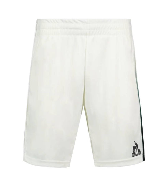 Le Coq Sportif Pro Mens Padel Shorts in Marshmallow feature an elastic waistband, breathable fabric, a small black logo on the left leg, and a dark green stripe down the right side. Shown against a plain white background.