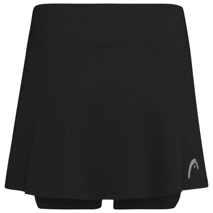 The HEAD Women's Club Basic Padel Skort in black features integrated shorts and a flared design. It uses MXM Technology for excellent moisture control, boasts a small logo near the hem, and is made from smooth, stretchy fabric for comfortable athletic performance.